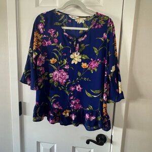 Peach Love California Womens Blue Floral Blouse Top Shirt Size Small P2